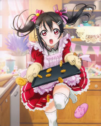 Rule 34 | 10s, 1girl, absurdres, apron, black hair, hair bobbles, hair ornament, hair ribbon, highres, indoors, long hair, looking at viewer, love live!, love live! school idol project, open mouth, pink apron, pink ribbon, pleated skirt, red eyes, red skirt, ribbon, shoes, single shoe, skirt, solo, thighhighs, twintails, white thighhighs, yazawa nico