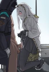 Rule 34 | 1boy, animal ears, arknights, black coat, black footwear, black gloves, black legwear, black skirt, blush, book, clenched teeth, clothed sex, clothes lift, coat, doctor (arknights), full body, gloves, hairband, heavy breathing, heavyrain (arknights), hetero, highres, hood, hood down, hooded coat, horse ears, indoors, kneeling, lifting own clothes, long hair, long sleeves, looking at viewer, looking to the side, m-18, male pubic hair, mask, miniskirt, naked coat, nipples, no panties, nose blush, on table, pantyhose, parted lips, penis, pubic hair, purple eyes, sex, shoes, sidelocks, sideways glance, silver hair, skirt, skirt lift, standing, striped clothes, striped hairband, table, tears, teeth, testicles, torn clothes, torn legwear, vaginal, white coat, white gloves
