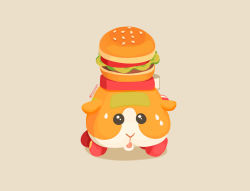 Rule 34 | artist name, beige background, black eyes, burger, food, food on head, full body, hamburger molcar, highres, lettuce, looking at viewer, meat, molcar, nervous, no humans, object on head, open mouth, potato (pui pui molcar), pui pui molcar, rizu (rizunm), sesame seeds, simple background, sweat, tomato, twitter username, watermark