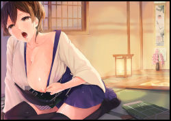 Rule 34 | 10s, 1girl, breasts, brown eyes, brown hair, huge breasts, japanese clothes, kaga (kancolle), kantai collection, ken-1, large breasts, long hair, looking at viewer, nipples, open mouth, side ponytail, skirt, solo, thighhighs, wet
