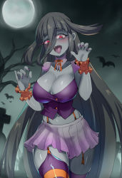 Rule 34 | 1girl, bat (animal), black hair, blue skin, blush, breasts, buttons, chamame, claw pose, cleavage, colored skin, cowboy shot, fangs, fog, frilled skirt, frills, garter straps, graveyard, hair between eyes, halloween, hands up, highres, large breasts, long hair, looking at viewer, midriff, miniskirt, moon, nail polish, navel, night, outdoors, purple nails, purple shirt, red eyes, scrunchie, shiny skin, shirt, short sleeves, sidelocks, skirt, solo, standing, striped clothes, striped thighhighs, thighhighs, thighs, tombstone, tongue, tongue out, v-neck, very long hair, wrist scrunchie, yamada tae, zombie, zombie land saga