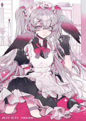 Rule 34 | 1girl, absurdres, animal, animal on shoulder, apron, bird, bird on shoulder, black dress, black gloves, bow, bowtie, candle, closed mouth, commentary, crow, dated, dress, frilled apron, frills, gloves, grey bow, grey bowtie, grey hair, hand up, highres, indoors, long hair, looking at viewer, maid, maid apron, maid headdress, original, partially submerged, pink eyes, short sleeves, sitting, solo, sparkle, symbol-only commentary, taowu (20809), twintails, twitter username, white apron