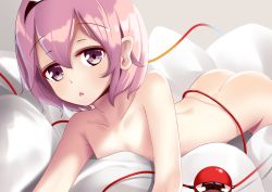 Rule 34 | 1girl, :&lt;, ass, black hairband, collarbone, completely nude, eyeball, flat chest, hair between eyes, hairband, highres, indoors, komeiji satori, looking at viewer, lying, mantou xiang, nude, on bed, on stomach, open mouth, pillow, purple eyes, purple hair, red eyes, short hair, solo, third eye, touhou