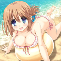 Rule 34 | 1girl, aoi akua, beach, bikini, blue eyes, blush, breasts, brown hair, butt crack, folded ponytail, komaki manaka, large breasts, looking at viewer, ocean, sand, solo, swimsuit, to heart (series), to heart 2, water