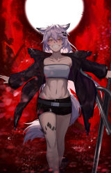 Rule 34 | 1girl, absurdres, animal ears, arknights, bandeau, bare legs, black jacket, black shorts, chinese commentary, collarbone, commentary request, feet out of frame, grey eyes, grin, hair between eyes, hair ornament, hairclip, highres, holding, holding sword, holding weapon, jacket, lappland (arknights), left-handed, long hair, long sleeves, looking at viewer, material growth, midriff, navel, open clothes, open jacket, oripathy lesion (arknights), outstretched arms, scar, scar across eye, scar on face, short shorts, shorts, silver hair, smile, solo, standing, stomach, strapless, sword, tail, thighs, tube top, very long hair, weapon, wolf ears, wolf tail, xufei (qrbqrb)