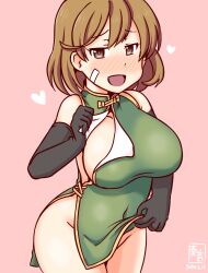 Rule 34 | alternate costume, bandaid, black gloves, blush, bow, breasts, brown eyes, brown hair, china dress, chinese clothes, dress, elbow gloves, gloves, green dress, heart, kanon (kurogane knights), kantai collection, large breasts, looking at viewer, no bra, no panties, oboro (kancolle), one-hour drawing challenge, open mouth, pink bow, short dress, short hair, smile