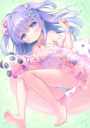 Rule 34 | 1girl, bare legs, barefoot, blue eyes, blue hair, blue one-piece swimsuit, blush, casual one-piece swimsuit, commentary, frilled swimsuit, frills, green background, hair between eyes, highres, innertube, knees together feet apart, long hair, looking at viewer, one-piece swimsuit, original, pacifier, parted lips, solo, stuffed animal, stuffed panda, stuffed toy, stuffed unicorn, swim ring, swimsuit, symbol-only commentary, transparent, two side up, usashiro mani, very long hair, wrist cuffs