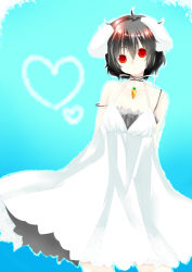 Rule 34 | 1girl, alternate color, alternate costume, animal ears, bad id, bad pixiv id, bare shoulders, black hair, rabbit ears, carrot, choker, collarbone, colored eyelashes, dress, expressionless, eyelashes, female focus, highres, inaba tewi, jewelry, pendant, red eyes, ribbon choker, short hair, solo, strap slip, sundress, touhou, white dress, colored eyelashes, yutazou