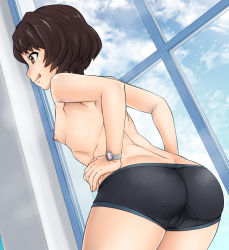Rule 34 | 1girl, :p, ass, bike shorts, black shorts, breasts, brown eyes, brown hair, cameltoe, cleft of venus, cloud, cloudy sky, cowboy shot, day, dutch angle, from behind, hands on own hips, highres, indoors, leaning forward, nipples, nurugamer-kouyouju, shinmon megumi, short hair, short shorts, shorts, sky, small breasts, solo, standing, tomica hyper rescue drive head: kidou kyuukyuu keisatsu, tongue, tongue out, topless, trefoil, underwear, underwear only, watch, window, wristwatch