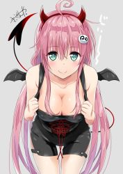 Rule 34 | 1girl, ahoge, aqua eyes, blush, breasts, cleavage, demon horns, demon tail, demon wings, covered erect nipples, fake horns, fake wings, hair ornament, halloween costume, horns, lala satalin deviluke, large breasts, leaning forward, long hair, murio, naked overalls, overalls, peke, pink hair, red ribbon, ribbon, smile, solo, tail, to love-ru, wings