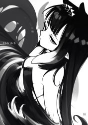 Rule 34 | 1girl, a:n (angrynum), bare shoulders, breasts, cleavage, dress, floating hair, greyscale, hair behind ear, halo, highres, hololive, hololive english, long hair, monochrome, ninomae ina&#039;nis, pointy ears, small breasts, solo, strapless, strapless dress, tentacle hair, tentacles, tube dress, upper body, very long hair, virtual youtuber