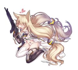 Rule 34 | 1girl, ^ ^, ^o^, animal ears, blonde hair, breasts, closed eyes, closed eyes, g41 (girls&#039; frontline), girls&#039; frontline, h&amp;k g41, hair between eyes, hair ornament, heart, holding, kazana (sakuto), long hair, mechanical arms, mechanical legs, navel, panties, simple background, single mechanical arm, single mechanical leg, small breasts, solo, thighhighs, twintails, underwear, very long hair, white background, white panties, white thighhighs