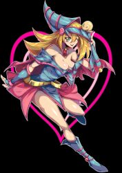 Rule 34 | 1girl, absurdres, bare legs, bare shoulders, black background, blonde hair, blue footwear, blush stickers, breasts, cleavage, dark magician girl, duel monster, green eyes, hat, heart, highres, large breasts, long hair, magical girl, one eye closed, pink skirt, shiny skin, simple background, skirt, solo, very long hair, vincent graphic art, wide hips, witch, witch hat, yu-gi-oh!
