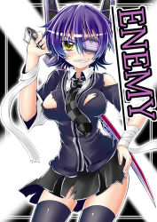 Rule 34 | 10s, 1girl, bandages, black thighhighs, blue hair, checkered clothes, checkered necktie, checkered neckwear, dress shirt, eyepatch, grin, hair ornament, hand on own hip, ichimi, kantai collection, necktie, shirt, short hair, skirt, smile, solo, sword, tenryuu (kancolle), thighhighs, torn clothes, weapon, yellow eyes