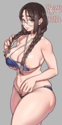 Rule 34 | 1girl, agawa ryou, artist name, bare shoulders, belly, bikini, blue bikini, braid, breasts, brown eyes, brown hair, collarbone, commentary, curvy, dated, english commentary, fingernails, glasses, grey background, hair between eyes, holding, holding own hair, large breasts, lips, long hair, looking at viewer, navel, original, parted lips, round eyewear, sidelocks, signature, simple background, smile, solo, standing, swimsuit, thick thighs, thighs, twin braids