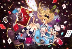 Rule 34 | 1girl, ace (playing card), alice (alice in wonderland), alice in wonderland, apron, ariuemi, black footwear, black socks, blonde hair, blue dress, blue eyes, blue ribbon, book, bottle, card, chair, chromatic aberration, club (shape), cup, diamonds (playing card), dress, floating card, floating hair, flower, frilled dress, frills, full body, hair ribbon, hat, hearts (playing card), horizontal-striped legwear, key, kneehighs, long hair, mary janes, open book, playing card, pouring, puffy short sleeves, puffy sleeves, rabbit, ribbon, saucer, shoes, short sleeves, socks, solo, spade (shape), striped clothes, striped socks, tea, teacup, teapot, white rabbit (alice in wonderland), white socks