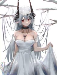 Rule 34 | 1girl, absurdres, alternate costume, arknights, bare shoulders, black choker, choker, collarbone, commentary request, cowboy shot, cross, cross necklace, dress, heimu (heim kstr), highres, horns, jewelry, long hair, looking at viewer, material growth, mudrock (arknights), necklace, off-shoulder dress, off shoulder, oripathy lesion (arknights), partial commentary, pointy ears, red eyes, short sleeves, sidelocks, simple background, skirt hold, smile, solo, standing, very long hair, white background, white dress, white hair