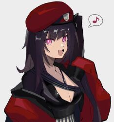 Rule 34 | + +, 1girl, architect (girls&#039; frontline), asymmetrical shirt, beret, black hair, black shirt, breasts, chesed (uporyz), cleavage, coat, commentary, eighth note, fang, girls&#039; frontline, griffin &amp; kryuger military uniform, hair ornament, hat, large breasts, long hair, looking at viewer, musical note, off shoulder, one side up, open mouth, pink eyes, pinstripe pattern, pinstripe shirt, red coat, red hat, sangvis ferri, shirt, simple background, sleeves past wrists, smile, solo, spoken musical note, striped, upper body, white background