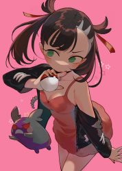 Rule 34 | 1girl, absurdres, asymmetrical bangs, black choker, black hair, black jacket, blush, breasts, choker, cleavage, closed mouth, commentary request, creatures (company), dress, game freak, gen 8 pokemon, green eyes, hair ribbon, highres, holding, holding poke ball, hoshizora, jacket, long sleeves, marnie (pokemon), medium breasts, morpeko, morpeko (hangry), nintendo, off shoulder, open clothes, pink background, pink dress, poke ball, pokemon, pokemon (creature), pokemon swsh, red ribbon, ribbon, small breasts, star (symbol), textless version, twintails