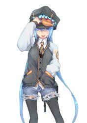 Rule 34 | 1girl, black thighhighs, blue eyes, blue hair, denim, fu-ta, hand in pocket, hat, jeans, long hair, looking at viewer, matching hair/eyes, necktie, original, pants, shorts, simple background, solo, thighhighs, tongue, tongue out, torn clothes, torn jeans, torn pants, torn shorts, twintails, white background
