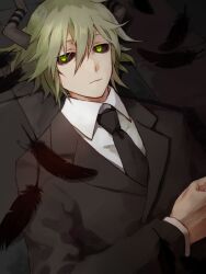 Rule 34 | 1boy, black feathers, black necktie, black sclera, black suit, closed mouth, collared shirt, colored sclera, demon boy, demon horns, expressionless, feathers, formal, funamusea, green eyes, horns, kuroko mikura, light green hair, long sleeves, looking at viewer, male focus, necktie, shirt, solo, suit, sullivan (funamusea), sutare yume, white shirt