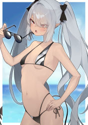 Rule 34 | 1girl, absurdres, bikini, black bikini, black bow, blue archive, blurry, blurry background, blush, bow, breasts, commentary request, dark-skinned female, dark skin, day, unworn eyewear, grey hair, hair between eyes, hair bow, hair over one eye, hand on own hip, highres, holding, holding removed eyewear, iori (blue archive), iori (swimsuit) (blue archive), long hair, multi-strapped bikini bottom, ocean, outdoors, parted lips, red eyes, sky, small breasts, solo, sunglasses, sweat, swimsuit, tail, twintails, umashio, very long hair