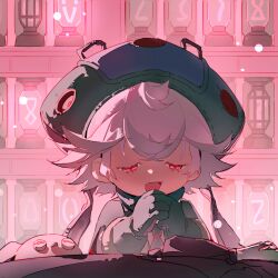 Rule 34 | 1girl, baofandxy, commentary, crossed bangs, elbow gloves, gloves, green gloves, green hat, half-closed eyes, hat, highres, looking down, made in abyss, meinya (made in abyss), open mouth, own hands clasped, own hands together, pink theme, prushka, red eyes, short hair, solo, upper body, white hair