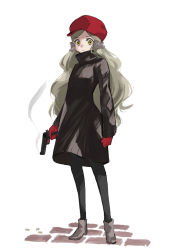 Rule 34 | 1girl, black dress, black legwear, brick, brick floor, brown footwear, clenched hand, closed mouth, dress, gloves, grey background, grey hair, gun, handgun, hat, highres, holding, holding gun, holding weapon, long hair, looking at viewer, mitogawawataru, original, red gloves, red hat, scrunchie, shell casing, simple background, smoke, solo, standing, weapon, wide-eyed, yellow eyes