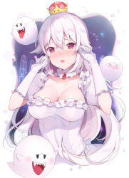 Rule 34 | 1girl, 6u (eternal land), :o, bad id, bad pixiv id, blush, boo (mario), breasts, brooch, cleavage, collarbone, covered navel, crown, detached collar, dress, fang, frilled dress, frilled gloves, frills, ghost, gloves, hair between eyes, hands up, indoors, jewelry, large breasts, long hair, looking at viewer, luigi&#039;s mansion, mario (series), new super mario bros. u deluxe, nintendo, open mouth, princess king boo, puffy short sleeves, puffy sleeves, purple eyes, short sleeves, super crown, white dress, white gloves, white hair, window