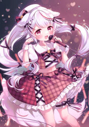 Rule 34 | 1girl, animal ears, blush, commentary, dog ears, dog girl, dog tail, guild cq, highres, holding, holding microphone, kurenagi eri, mata, microphone, midriff, multicolored hair, plaid, plaid skirt, puffy short sleeves, puffy sleeves, red eyes, red hair, red skirt, sample watermark, short sleeves, skirt, solo, streaked hair, swept bangs, symbol-only commentary, tail, twintails, virtual youtuber, white hair, white headwear