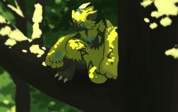 Rule 34 | blurry, branch, claws, closed mouth, commentary request, creatures (company), day, game freak, gen 7 pokemon, highres, kneeling, legendary pokemon, looking down, mythical pokemon, nintendo, one-hour drawing challenge, outdoors, pokemon, pokemon (creature), rend, solo, yellow fur, zeraora