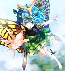 Rule 34 | 1girl, absurdres, animal, antennae, aqua hair, barefoot, blush, bug, butterfly, butterfly wings, dress, eternity larva, fairy, full body, green dress, hair between eyes, highres, insect, insect wings, leaf, leaf on head, multicolored clothes, multicolored dress, open mouth, purple eyes, short hair, short sleeves, solo, sunnysideup, teeth, touhou, upper teeth only, wings