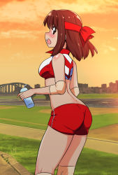 Rule 34 | 1girl, adapted costume, artist name, ass, back, blush, bottle, brown eyes, brown hair, cityscape, commentary request, cowboy shot, crop top, dated, day, elbow pads, from behind, frown, girls und panzer, headband, holding, holding bottle, knee pads, kondou taeko, looking at viewer, looking back, medium hair, mimic (ryon733), open mouth, orange sky, outdoors, partial commentary, red headband, red shirt, red shorts, shirt, short hair, short shorts, shorts, signature, single vertical stripe, sky, sleeveless, sleeveless shirt, solo, sportswear, standing, twilight, volleyball uniform, water bottle