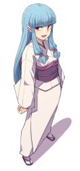 Rule 34 | 1girl, :d, arms at sides, blue hair, blunt bangs, commentary, fang, full body, hair bobbles, hair ornament, japanese clothes, kimono, kiriha (tsugumomo), long hair, long sleeves, looking to the side, michihasu, obi, open mouth, pointy ears, red eyes, sash, simple background, smile, solo, tsugumomo, very long hair, white background