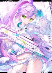 Rule 34 | 1girl, absurdres, assault rifle, blue gloves, breasts, cleavage, demon tail, demon wings, gloves, green eyes, gun, highres, holding, holding gun, holding weapon, hololive, looking at viewer, multicolored hair, official alternate costume, pink hair, piyokuma, ponytail, purple hair, rifle, see-through, see-through sleeves, short shorts, shorts, small breasts, streaked hair, tail, tokoyami towa, tokoyami towa (5th costume), two-sided gloves, virtual youtuber, weapon, white gloves, white shrug, wings