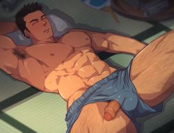 Rule 34 | 1boy, abs, armpit hair, armpits, bara, blue male underwear, blush, boxers, bulge, clothing aside, dark-skinned male, dark skin, f-una, feet out of frame, foreskin, highres, large pectorals, leg hair, long sideburns, lying, male focus, male pubic hair, male underwear, male underwear aside, muscular, muscular male, navel, navel hair, nipples, on back, original, pectorals, penis, penis peek, pillow, pubic hair, pubic hair peek, short hair, sideburns, sleeping, solo, stomach, sweatdrop, thick thighs, thighs, topless male, underwear, underwear only