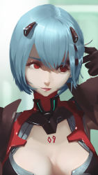 Rule 34 | 1girl, adapted costume, alternate breast size, ayanami rei, blue hair, bodysuit, breasts, cleavage, cleavage cutout, clothing cutout, eyebrows, hairpods, hand in own hair, high collar, interface headset, lips, medium breasts, neon genesis evangelion, parted lips, plugsuit, red eyes, short hair, smile, solo, upper body, vafar7