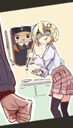 Rule 34 | 2girls, black eyes, black legwear, blonde hair, blue eyes, blunt bangs, blush stickers, brown skirt, brush, cabinet, clenched hand, commentary, coom rad, cutting board, english commentary, from behind, from side, gradient hair, highres, holding, holding brush, holding saucer, hololive, hololive english, indoors, kitchen, ladle, long sleeves, looking at another, looking back, multicolored hair, multiple girls, ninomae ina&#039;nis, ninomae ina&#039;nis (casual), orange hair, paint, painting (action), pinstripe pattern, pinstripe shirt, plaid, plaid skirt, pleated skirt, purple hair, saucer, shaded face, shirt, short hair, skirt, solid circle eyes, striped, sweatdrop, tentacle hair, tentacles, triangle mouth, virtual youtuber, watson amelia, white shirt, wing collar