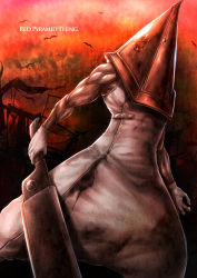 Rule 34 | 1boy, apron, bird, commentary request, gloves, great knife, hat, helmet, highres, male focus, monster, muscular, pyramid head, silent hill (series), silent hill 2, solo, sword, uro (uroboros), weapon