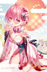Rule 34 | 1girl, abstract background, ahoge, bare legs, blue bow, bow, bracelet, breasts, cleavage, cyclamen (flower knight girl), detached collar, flower, flower knight girl, frills, full body, furisode, hair bow, hair flower, hair ornament, highres, japanese clothes, jewelry, kimono, kneeling, looking at viewer, medium breasts, multicolored bow, pink eyes, pink hair, piyoyanagi, raised eyebrows, short hair, solo, waist bow