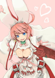 Rule 34 | 1girl, absurdres, ascot, bana (stand flower), blush, breasts, buckle, cleavage, cleavage cutout, clothing cutout, clover, elphelt valentine, eyeshadow, flower, four-leaf clover, gloves, green ascot, guilty gear, guilty gear xrd, hairband, hands on own thighs, heart, highres, large breasts, leaning forward, makeup, pink background, pink eyeshadow, pink hair, pink ribbon, puffy sleeves, red ribbon, ribbon, rose, short hair, shoulder spikes, smile, smirk, spiked gloves, spiked hairband, spikes, v arms, white gloves