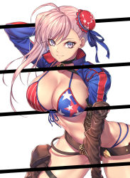 Rule 34 | 1girl, absurdres, american flag bikini, bad id, bad twitter id, belt, bikini, bow, breasts, bun cover, cleavage, elbow gloves, fate/grand order, fate (series), flag print, gloves, hair bow, highres, holster, lace-up gloves, large breasts, long hair, looking at viewer, meme, miyamoto musashi (fate), miyamoto musashi (fate/grand order), miyamoto musashi (swimsuit berserker) (fate), miyamoto musashi (swimsuit berserker) (second ascension) (fate), nasaniliu, pink eyes, pink hair, shrug (clothing), simple background, single glove, smile, solo, split depth, swimsuit, thigh holster, white background