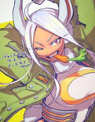 Rule 34 | 1girl, ;), animal ears, arm up, arms behind head, artist name, boku no hero academia, breasts, carrot, commentary, crescent print, dark-skinned female, dark skin, food in mouth, fur collar, green jacket, highres, jacket, large breasts, leotard, long eyelashes, long hair, looking at viewer, mecyo (mamezurushiki), mirko, one eye closed, parted bangs, rabbit ears, rabbit girl, red eyes, smile, solo, symbol-only commentary, teeth, upper body, white hair, white leotard