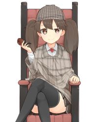 Rule 34 | 1girl, alternate costume, black thighhighs, brown eyes, brown hair, brown skirt, commentary request, cosplay, crossed legs, deerstalker, hat, highres, inverness cape, kantai collection, magatama, max melon, pleated skirt, red upholstery, ryuujou (kancolle), sherlock holmes, sherlock holmes (cosplay), short hair, simple background, sitting, skirt, smile, solo, striped edge, the adventures of sherlock holmes, thighhighs, twintails, white background