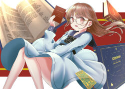 Rule 34 | 1girl, :d, absurdres, book, bookmark, brown eyes, brown hair, dress, earrings, feet out of frame, glasses, hair ornament, hairclip, hand up, highres, holding, holding book, jewelry, long sleeves, open book, open mouth, original, ruhina, sailor dress, smile, white dress