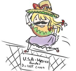Rule 34 | 1girl, blonde hair, chain-link fence, chibi, drawfag, facial hair, female focus, fence, gloves, hat, jumping, lowres, mexico, mustache, pantyhose, poncho, simple background, solo, sombrero, touhou, white background, white pantyhose, yakumo yukari
