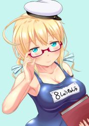 Rule 34 | 1girl, blonde hair, blue eyes, book, breasts, glasses, hat, holding, holding book, i-8 (kancolle), kantai collection, large breasts, low twintails, name tag, one-piece swimsuit, red-framed eyewear, sailor hat, school swimsuit, semi-rimless eyewear, solo, swimsuit, tsukemon, twintails, under-rim eyewear, upper body, white hat