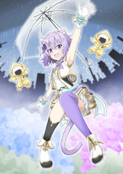 Rule 34 | 1girl, animal ears, arm up, armpits, asymmetrical legwear, bare shoulders, black thighhighs, blush, boots, cat ears, fang, food, food-themed hair ornament, gloves, hair ornament, hololive, ichimi, light purple hair, looking at viewer, mismatched legwear, nekomata okayu, official alternate costume, onigiri, onigiri hair ornament, open mouth, purple eyes, purple thighhighs, short hair, single thighhigh, skirt, smile, solo, thighhighs, umbrella, virtual youtuber, white gloves