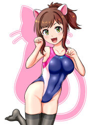 Rule 34 | 1girl, animal ears, black thighhighs, blue one-piece swimsuit, breasts, cat, cat ears, collarbone, commentary request, competition swimsuit, covered navel, cowboy shot, highleg, highleg swimsuit, highres, idolmaster, idolmaster cinderella girls, maekawa miku, medium breasts, multicolored clothes, multicolored swimsuit, one-piece swimsuit, paw pose, ponytail, rakukisa, short hair, sidelocks, silhouette, smile, solo, swimsuit, thighhighs, white background