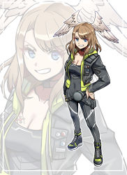 Rule 34 | 1girl, absurdres, blue eyes, bodysuit, brown hair, chest tattoo, collar, covered navel, eunie (xenoblade), full body, grin, hand on own hip, head wings, highres, hood, hooded jacket, jacket, silou b, smile, tattoo, wings, xenoblade chronicles (series), xenoblade chronicles 3